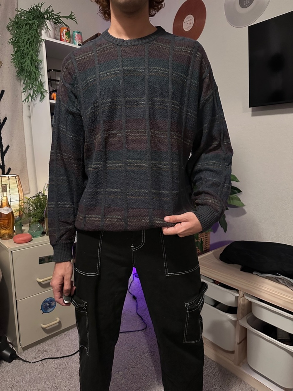 Men's Plaid Crewneck Knit Sweater in Dark Green and Purple